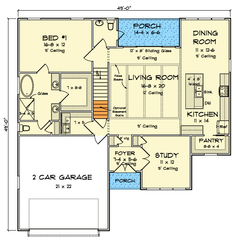 Plan 52454WM: 3-Bed Traditional House Plan with Optionally Finished Bonus Room - Floor Plan - Main Level - Traditional