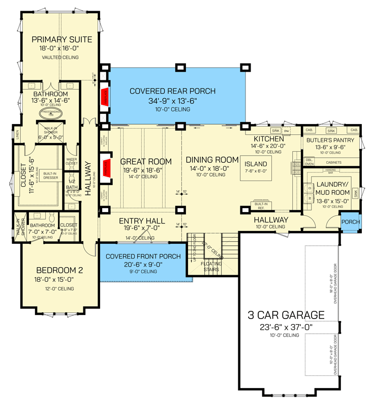 Plan 820003WSF: Striking Transitional Farmhouse Plan with Two-Story Great Room - Floor Plan - Main Level - Modern Farmhouse, Transitional