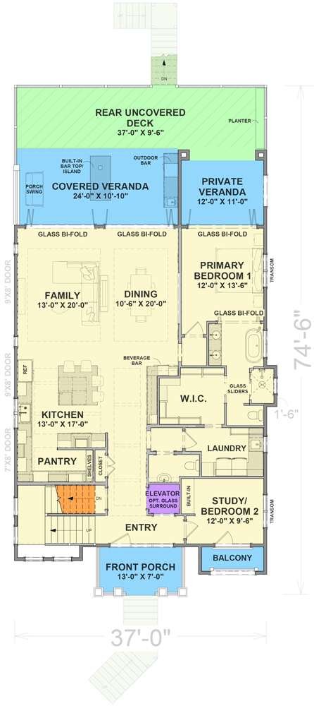 Plan 765059TWN: Flexible Modern Coastal House Plan with Stacked Porches and Elevator - Floor Plan - Main Level (2nd Floor) - Coastal, Coastal Contemporary, Modern, New American