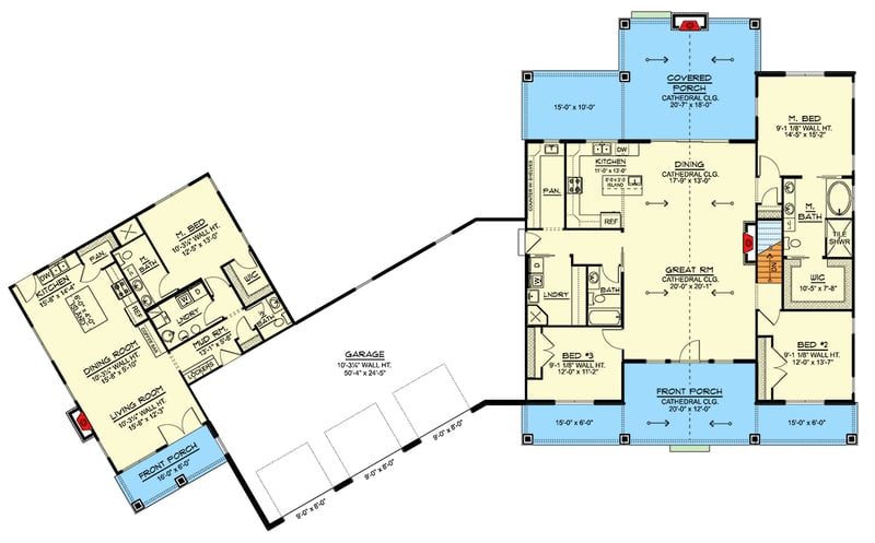 Plan 135373GRA: Modern Farmhouse Ranch with Angled 3-Car Garage and In-Law Suite, Guest Apartment - Floor Plan - Main Level - Barndominium, Contemporary, Modern Farmhouse, Ranch