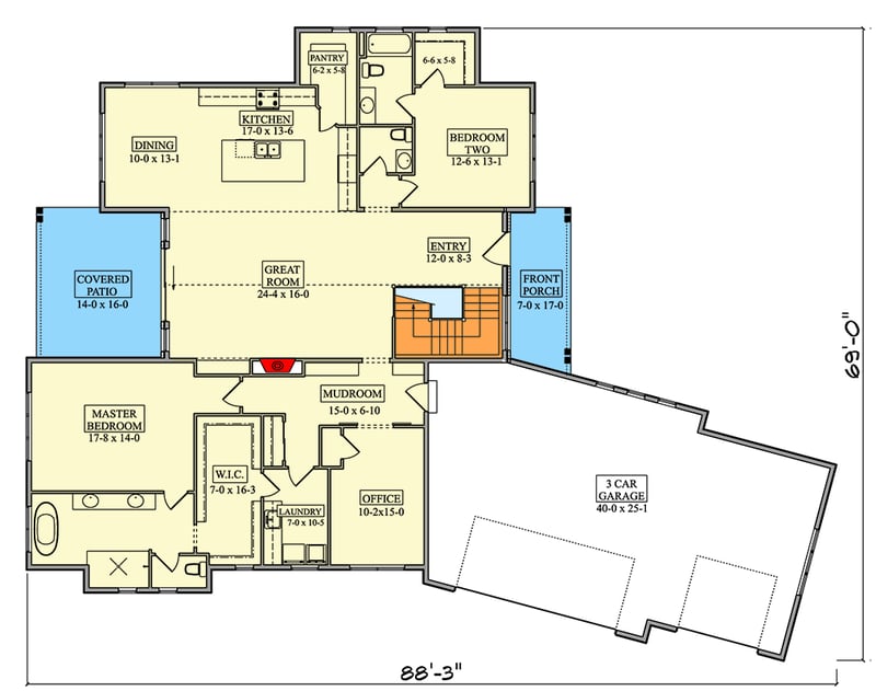 Plan 95288RW: Hill Country Ranch House Plan with Angled Garage and Flex Room - Floor Plan - Main Level - Hill Country, New American, Ranch, Transitional