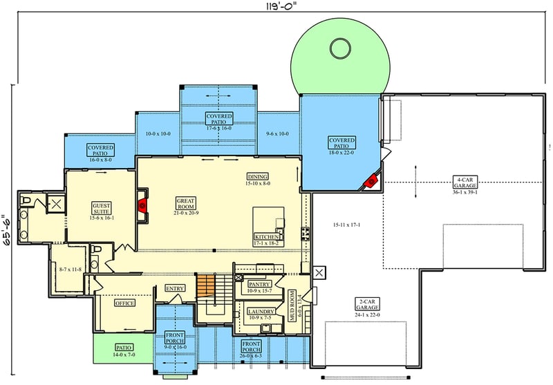Plan 95291RW: Luxurious Transitional Modern Farmhouse House Plan with Guest Suite and Outdoor Covered Patio - Floor Plan - Main Level - Modern Farmhouse, New American, Transitional