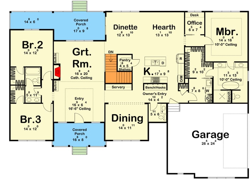 Plan 623537DJ: Transitional Farmhouse House Plan with Split Bedrooms - Floor Plan - Main Level - Farmhouse, Transitional