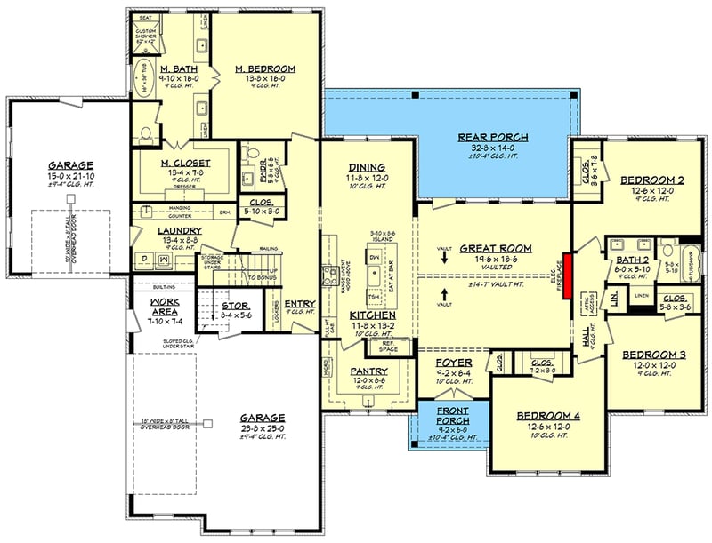 Plan 52009HZ: Modern Farmhouse Ranch with Split Bedrooms and Bonus Room - Floor Plan - Main Level - Country, Modern Farmhouse, Ranch, Traditional