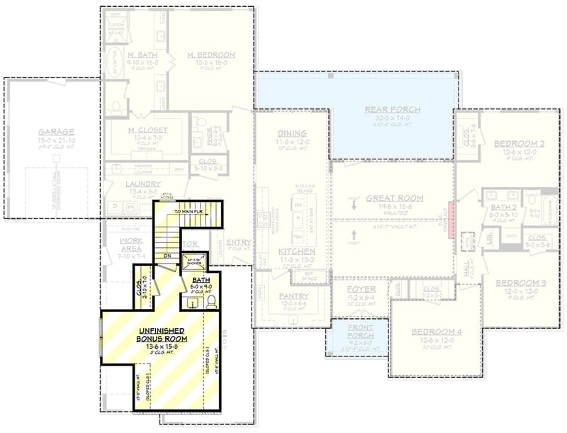 Plan 52009HZ: Modern Farmhouse Ranch with Split Bedrooms and Bonus Room - Floor Plan - Optionally Finished Bonus Room - Country, Modern Farmhouse, Ranch, Traditional