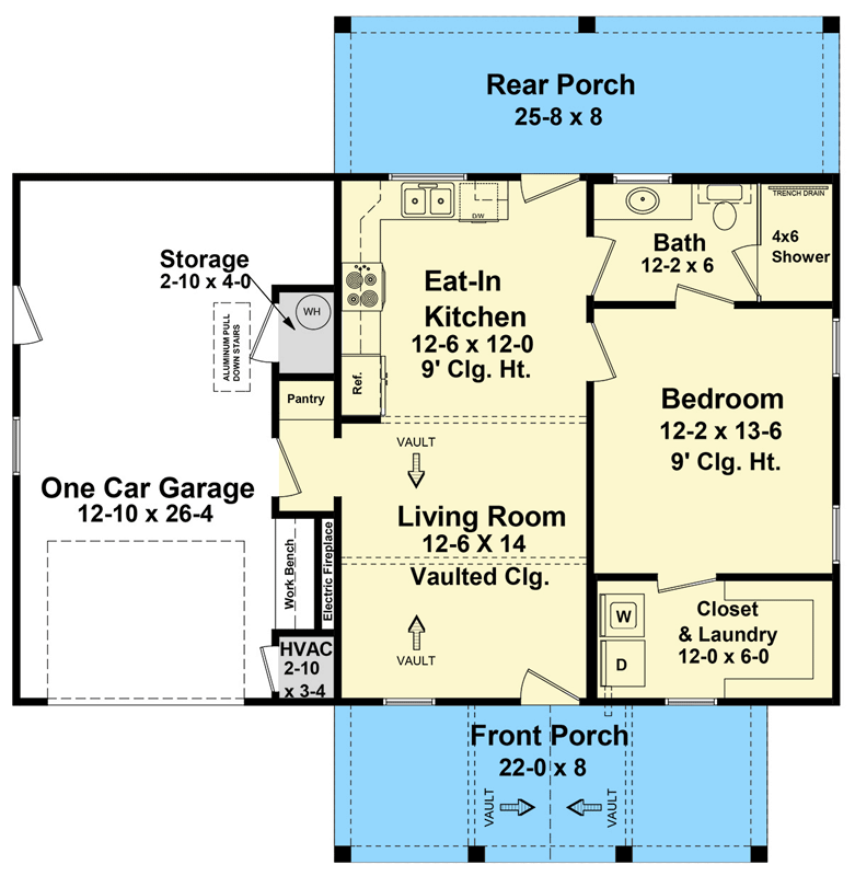 Plan 51245MM: 1-Bed Cottage House Plan with Vaulted Ceilings - Floor Plan - Main Level - Cottage, Farmhouse