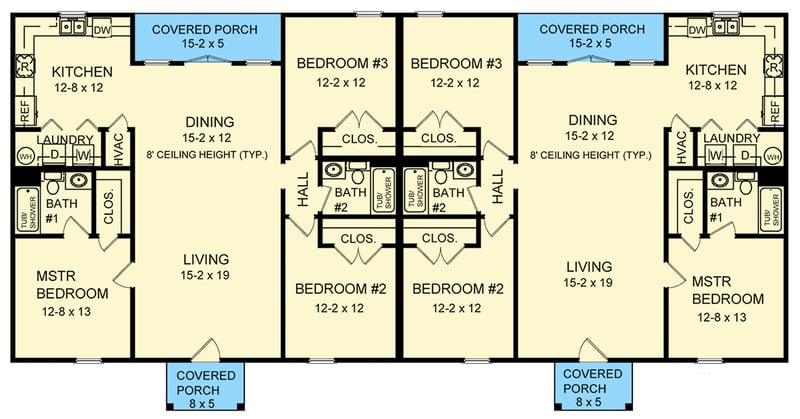 Plan 51248MM: Traditional Ranch Duplex House Plan with Split Bedrooms and Front Porches - Floor Plan - Main Level - Ranch, Traditional