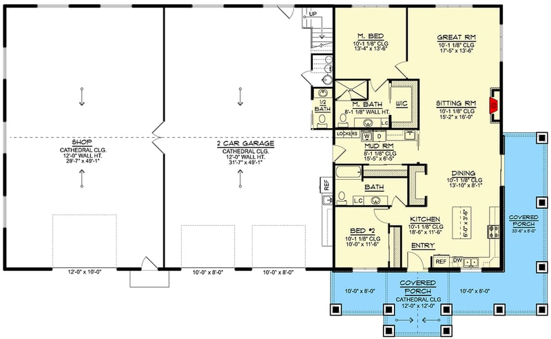 Plan 135375GRA: 2-Bed Barndominium with RV Garage and Wrap Around Porch - Floor Plan - Main Level - Barndominium, Mountain