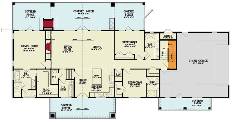 Plan 12339JL: Expansive Ranch Plan with Outdoor Fireplace and Bonus Room - Floor Plan - Main Level - Basement Stairs Location - Craftsman, Modern Farmhouse, Ranch