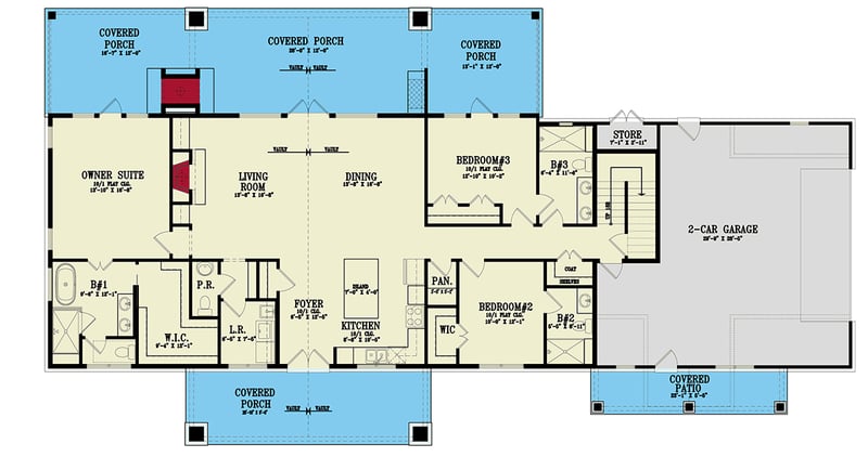 Plan 12339JL: Expansive Ranch Plan with Outdoor Fireplace and Bonus Room - Floor Plan - Main Level - Craftsman, Modern Farmhouse, Ranch