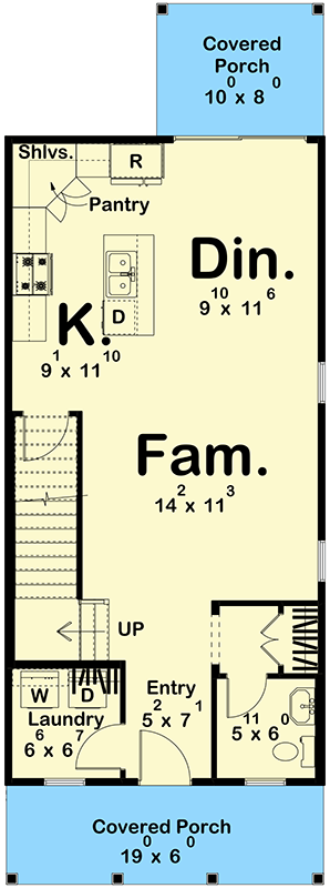 Plan 623541DJ: Narrow Traditional House Plan with Upstairs Master Suite - Floor Plan - Main Level - Traditional