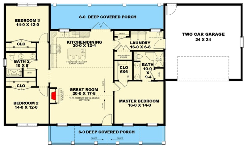 Plan 25068DH: Ranch Plan with Cathedral Ceilings and Spacious Front Porch - Floor Plan - Main Level - Ranch, Rustic, Traditional, Vacation