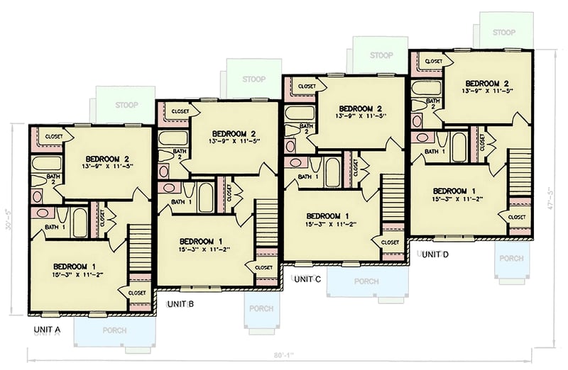 Plan 25925GE: Traditional Quad-Plex House Plan with Four 2 Bedroom Units - Floor Plan - 2nd Floor - Traditional