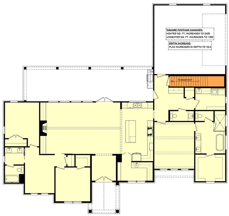 Plan 52011HZ: 3-Bed New American House Plan with Spacious Rear Porch - Floor Plan - Main Level - Basement Stairs Location - Country, Farmhouse, New American