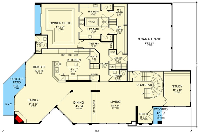 Plan 36711TX: Modern Two-Story House Plan with Floating Buffet and Media Room - Floor Plan - Main Level - Contemporary, Modern