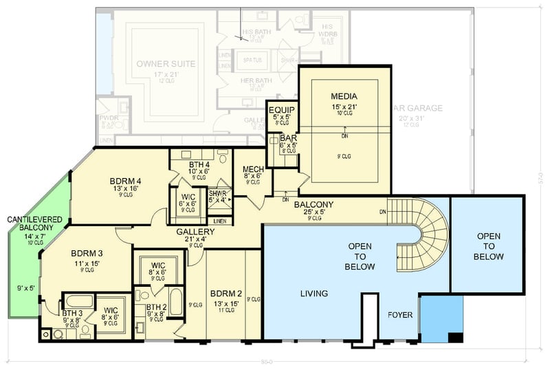 Plan 36711TX: Modern Two-Story House Plan with Floating Buffet and Media Room - Floor Plan - 2nd Floor - Contemporary, Modern