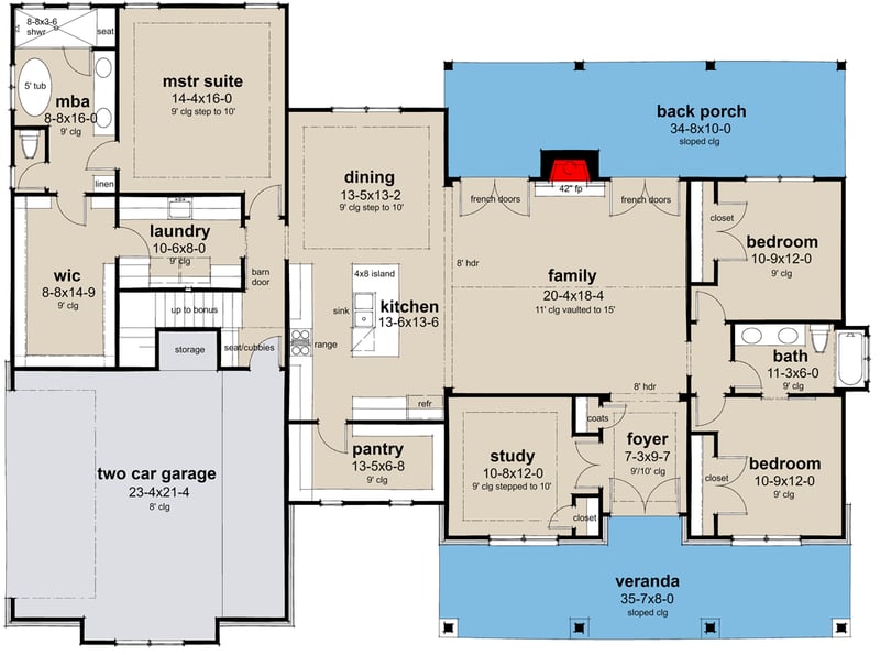 Plan 16943WG: 3-Bed Hill Country Farmhouse with Bonus Room Over Garage - 2256 Sq Ft - Floor Plan - Main Level - Country, Farmhouse, Hill Country, Mountain, Ranch