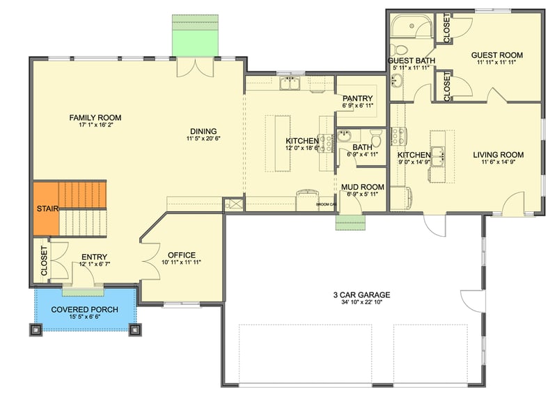Plan 61652UT: Spacious 5-Bedroom Craftsman House Plan with Office and Attached Apartment - Floor Plan - Main Level - Country, Craftsman, Traditional