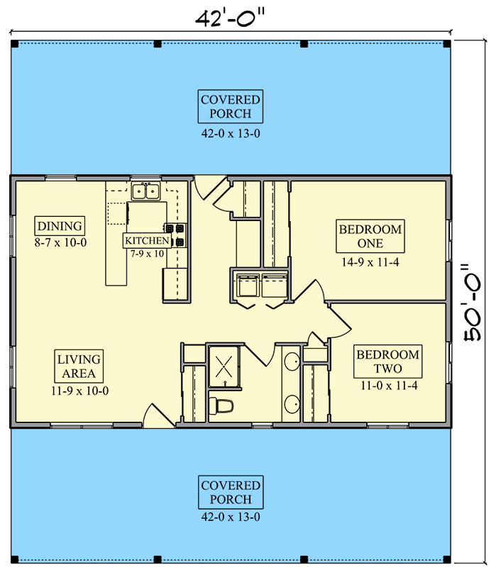 Plan 95303RW: 2-Bed Country House Plan with Covered Front and Rear Porches - Floor Plan - Main Level - Country, Ranch, Traditional