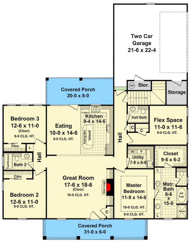Plan 51259MM: One-Story Country House Plan with Optionally Finished Bonus Room - Floor Plan - Main Level - Country, Farmhouse, Traditional