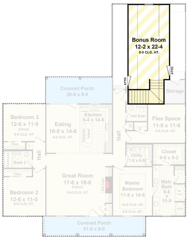 Plan 51259MM: One-Story Country House Plan with Optionally Finished Bonus Room - Floor Plan - Optional Finished Bonus Room - Country, Farmhouse, Traditional