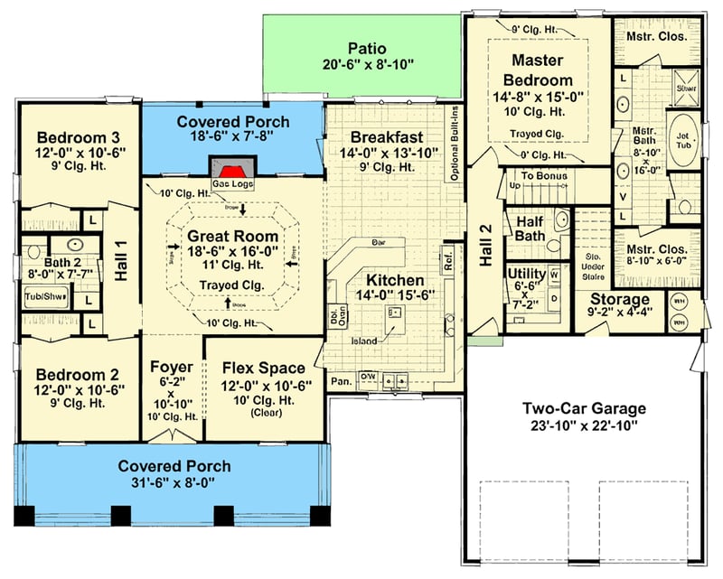 Plan 51261MM: Craftsman House Plan with Bonus Room and Two Porches - Floor Plan - Main Level - Craftsman, Farmhouse, Traditional