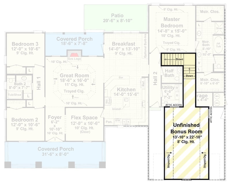 Plan 51261MM: Craftsman House Plan with Bonus Room and Two Porches - Floor Plan - Optional Finished Bonus Room - Craftsman, Farmhouse, Traditional