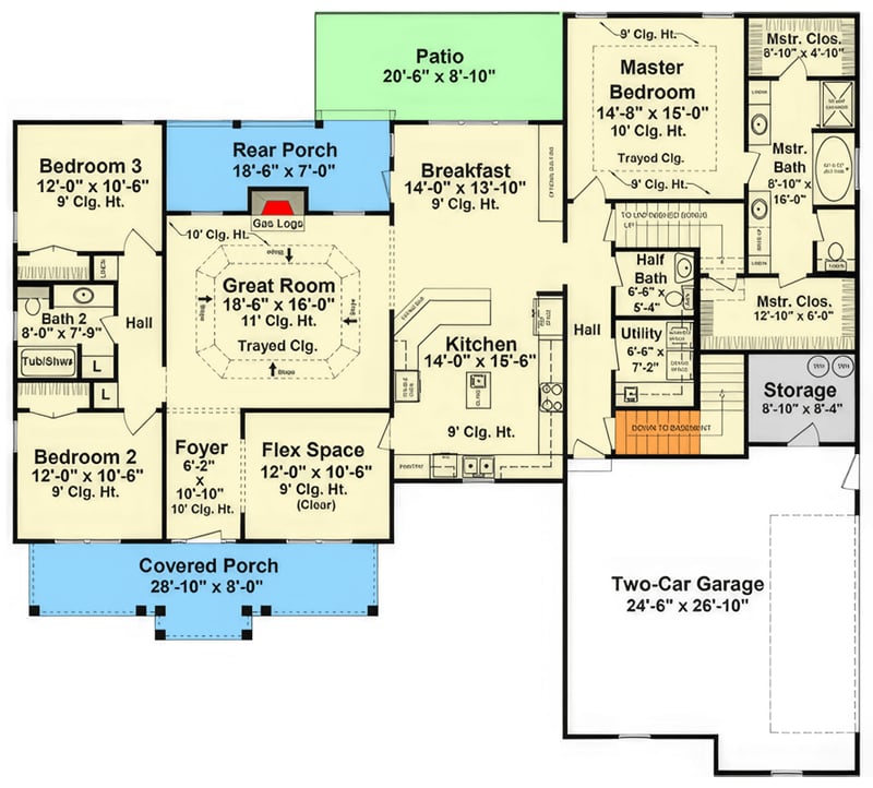 Plan 51262MM: Southern House Plan with Bonus Room and Split Bedroom Design - Floor Plan - Main Level - Acadian, Craftsman, Louisiana-Style, Southern Traditional