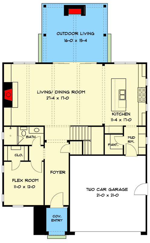 Plan 93228EL: Modern Tudor House Plan with Flex Room and Generous Outdoor Living - Floor Plan - Main Level - Modern, New American, Transitional, Tudor