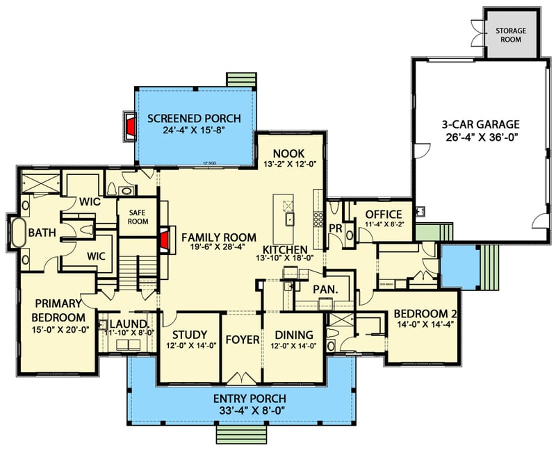 Plan 500094VV: Four-Bedroom Modern Farmhouse House Plan with Wraparound Porch & Office - Floor Plan - Main Level - Modern Farmhouse, New American