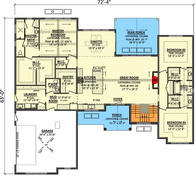 Plan 911060JVD: Mountain Ranch House Plan with Two-Story Great Room and Split Bedrooms - Floor Plan - Main Level - Mountain, Ranch