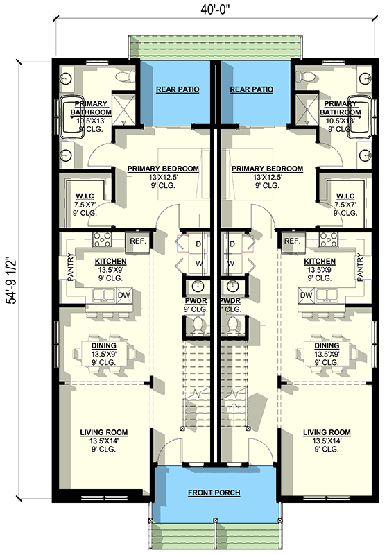 Plan 405031FDC: Traditional Duplex House Plan with Main Floor Master Suites - Floor Plan - Main Level - Traditional