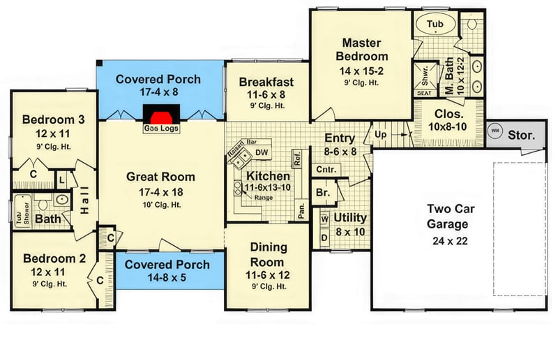 Plan 51265MM: Country Craftsman House Plan: Split Bedrooms, Bonus Room, Covered Porches - Floor Plan - Main Level - Country, Craftsman, New American