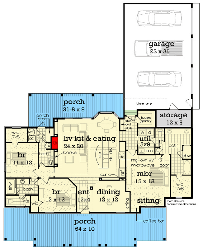 Plan 55252BR: Elegant 3 Bed Farmhouse Plan with Expansive Porch Space and Coffee Bar - Floor Plan - Main Level - Cottage, Farmhouse, Traditional