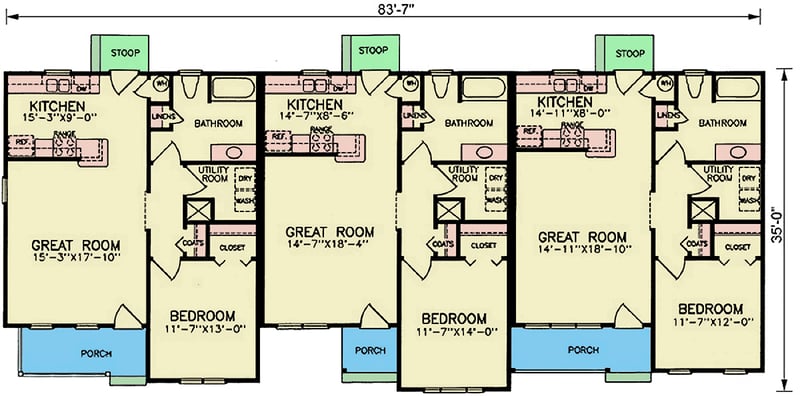 Plan 25929GE: Traditional Ranch Triplex House Plan with Three Private Units - Floor Plan - Main Level - Ranch, Traditional