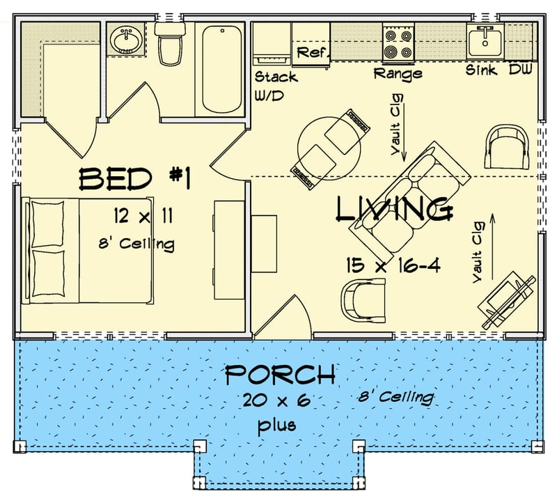 Plan 52460WM: One-Bedroom Craftsman Cottage House Plan with Vaulted Living - Floor Plan - Main Level - Cottage, Craftsman