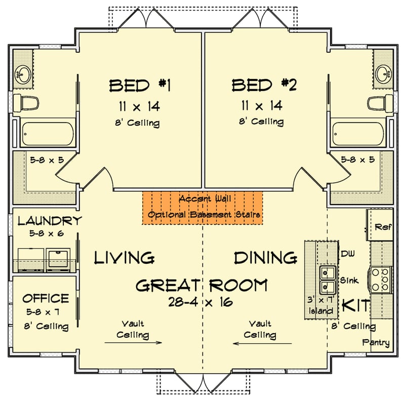 Plan 52464WM: Cottage House Plan with Dual Suites and Vaulted Great Room - Floor Plan - Main Level - Cottage, Traditional