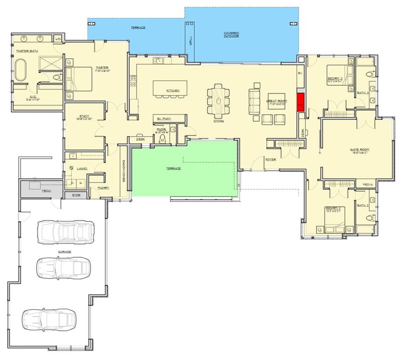 Plan 54251HU: Luxury Modern Plan with Split Bedrooms and Game Room - Floor Plan - Main Level - Contemporary, Mid Century Modern, Modern