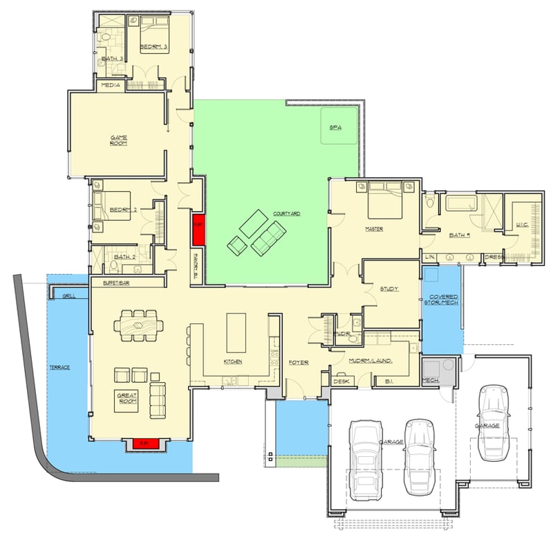 Plan 54252HU: Luxury Modern 3-Bed House Plan with Central Courtyard and Game Room - Floor Plan - Main Level - Contemporary, Modern