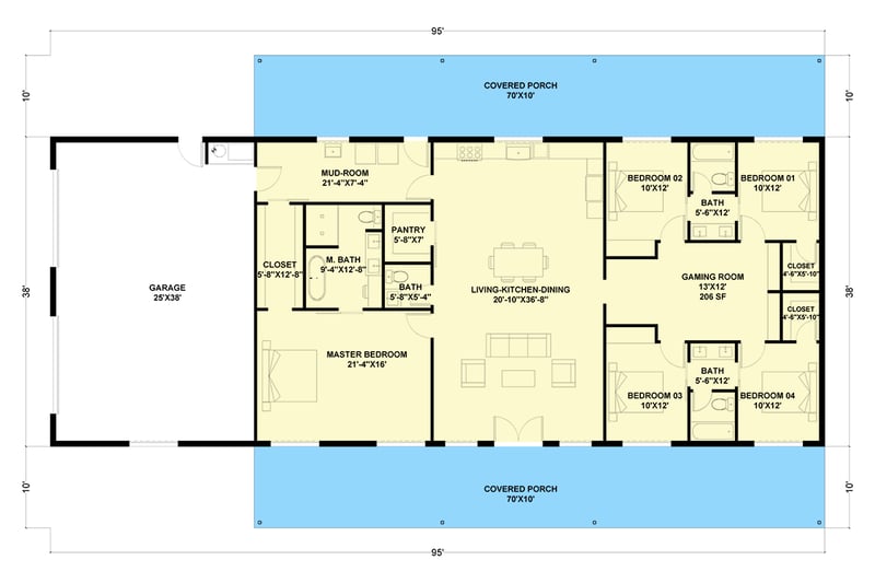 Plan 530143KTE: Expansive 5-Bedroom Barndominium House Plan with Game Room and Dual Porches - Floor Plan - Main Level - Barndominium