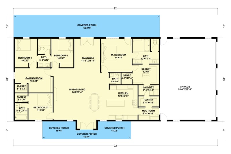 Plan 530144KTE: Modern Barndominium House Plan with 3-Car Garage and Covered Porches - Floor Plan - Main Level - Barndominium
