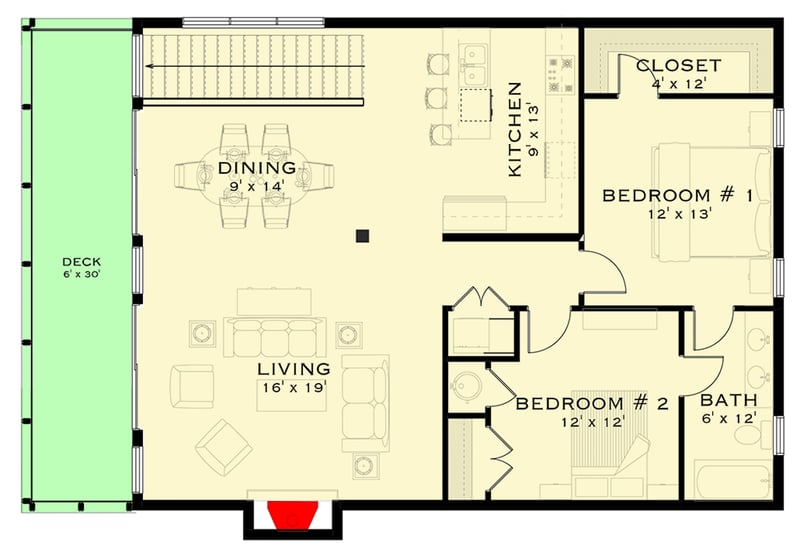Plan 147046RML: Modern 2-Bed Carriage House Plan ADU with 2-Car Garage and Expansive Deck - Floor Plan - Main Level - Carriage, Coastal, Craftsman, Northwest, Traditional
