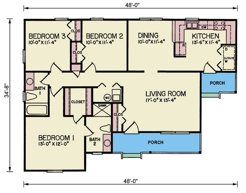 Plan 25930GE: Charming 3-Bedroom Ranch House Plan with Covered Porch & Breakfast Nook - Floor Plan - Main Level - Ranch, Traditional