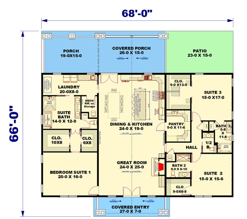Plan 25069DH: Modern Craftsman House Plan with Expansive Porches and Split Bedrooms - Floor Plan - Main Level - Craftsman, Mountain, New American