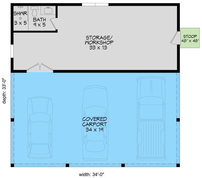 Plan 680593VR: Traditional 3-Car Carport House Plan with Workshop and Full Bath - Floor Plan - Main Level - Traditional