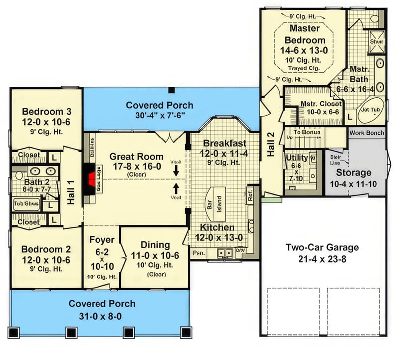 Plan 51272MM: Expansive Farmhouse Plan with Split Bedrooms, Vaulted Great Room, and Optional Bonus - Floor Plan - Main Level - Farmhouse, Modern Farmhouse
