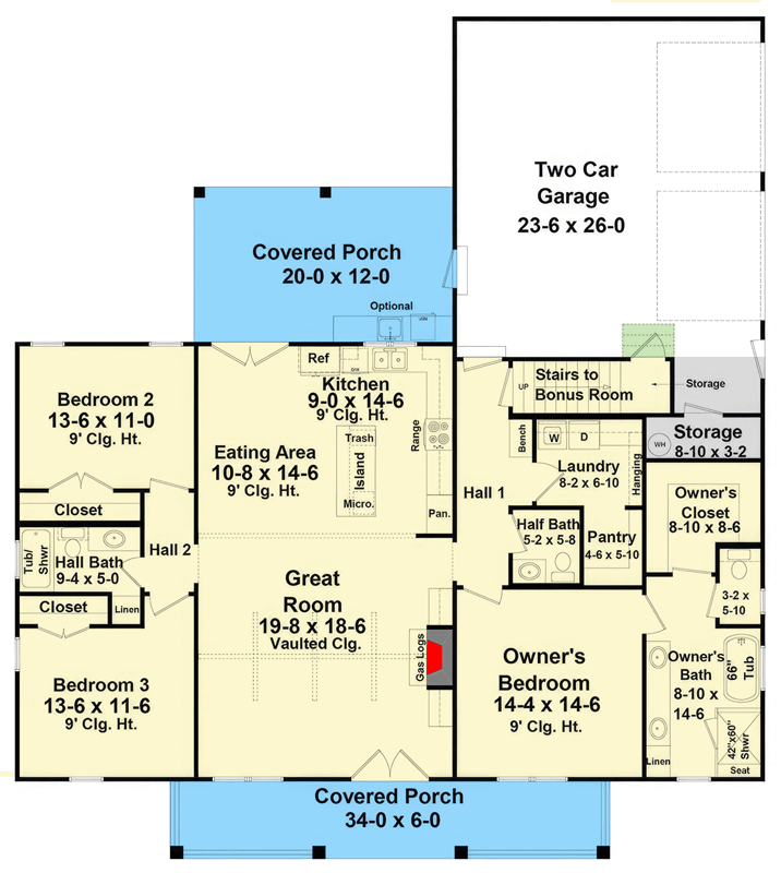 Plan 51276MM: Expansive 3-Bed Modern Farmhouse Plan with Optional Bonus and Covered Porches - Floor Plan - Main Level - Farmhouse, Modern Farmhouse, Traditional