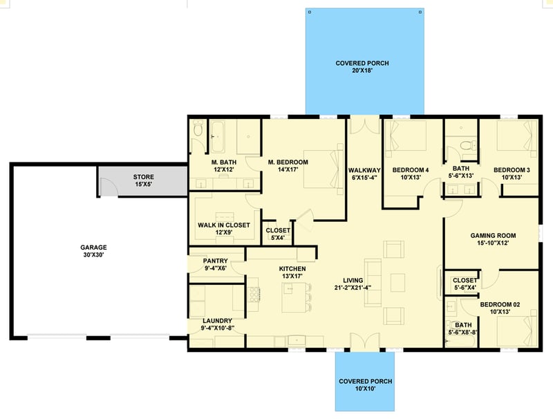 Plan 530148KTE: Modern Barndominium Ranch Plan with Game Room and Split Beds - Floor Plan - Main Level - Barndominium, Ranch