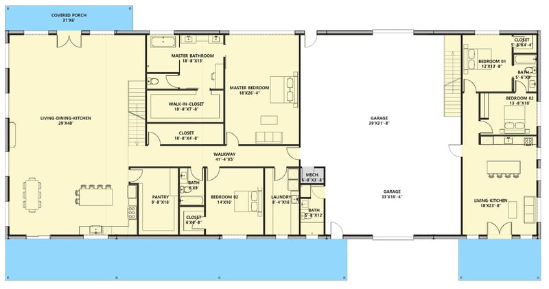 Plan 530149KTE: Six-Bedroom Barndominium Plan with Spacious Pantry and Game Room - Floor Plan - Main Level - Barndominium