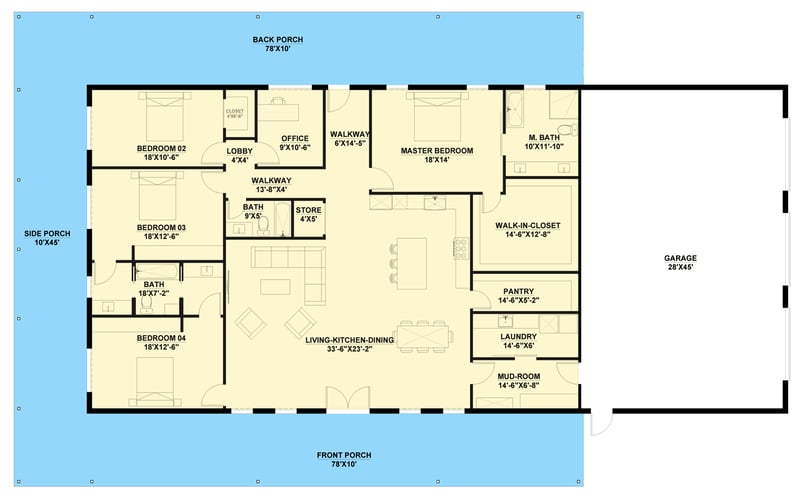 Plan 530150KTE: Country Barndominium House Plan with 4 Beds, Office, and Expansive Wrap-Around Porch - Floor Plan - Main Level - Barndominium, Country, Rustic